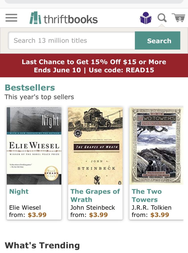 Front page for Thriftbooks mobile site.